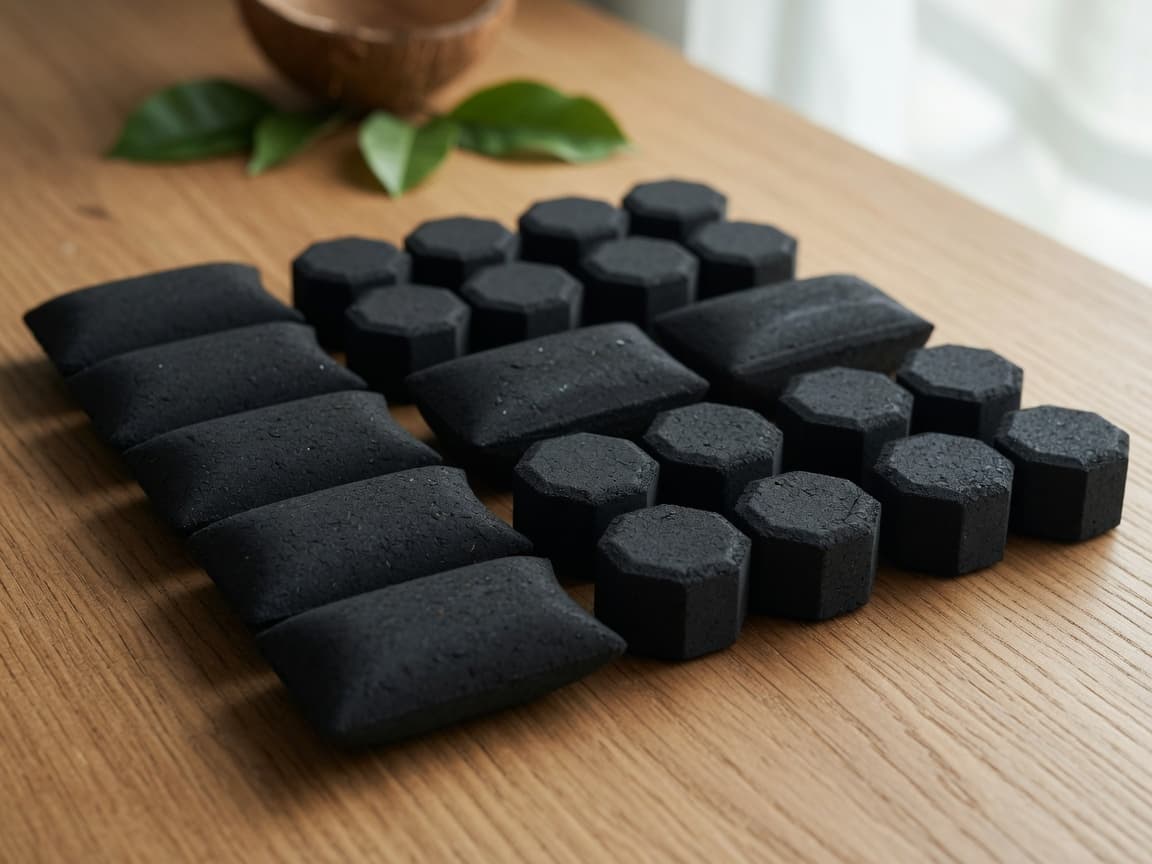 Pillow and hexagonal BBQ coconut charcoal briquettes product shot