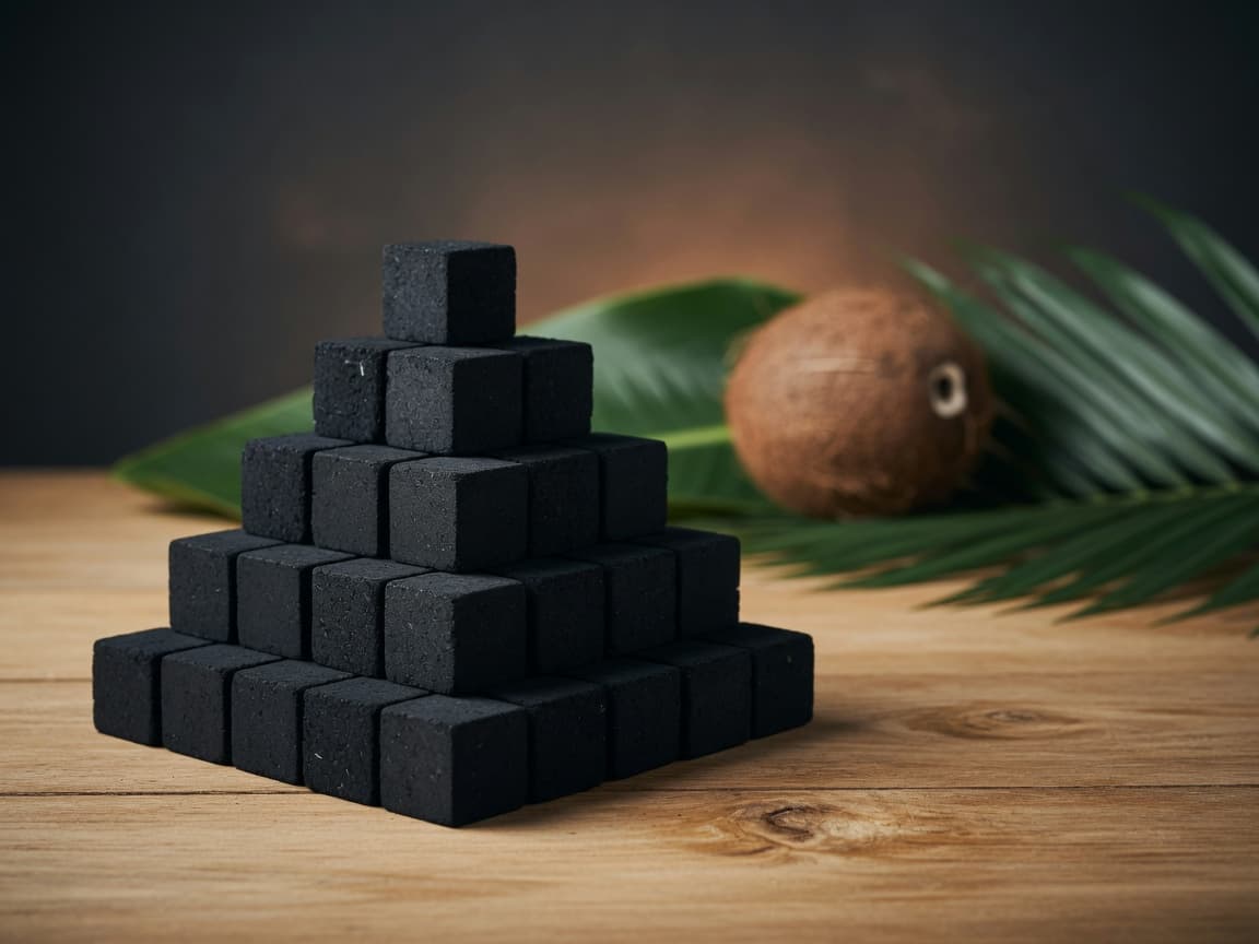 Cube cut coconut charcoal briquettes