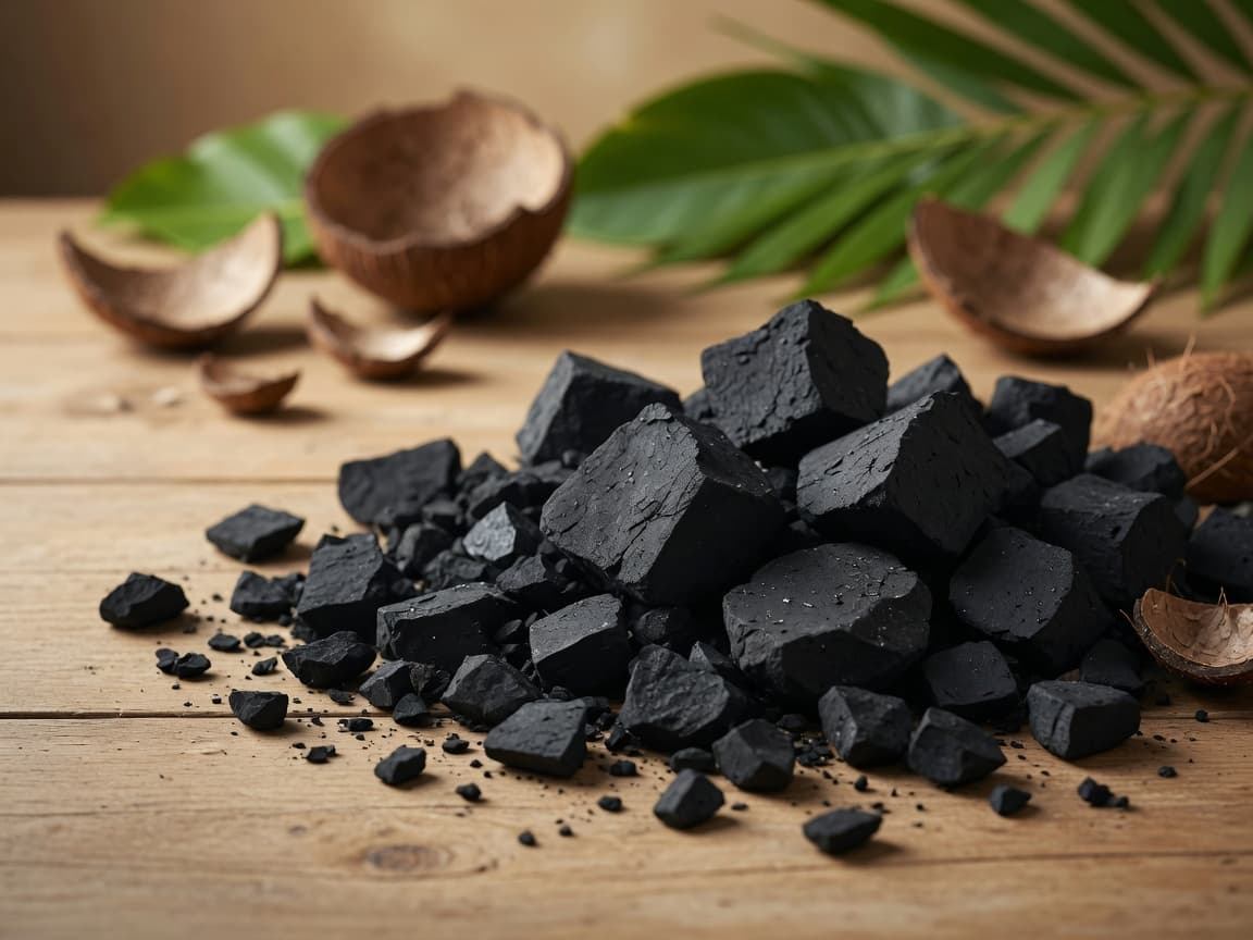 Industrial coconut charcoal feedstock lumps and fragments