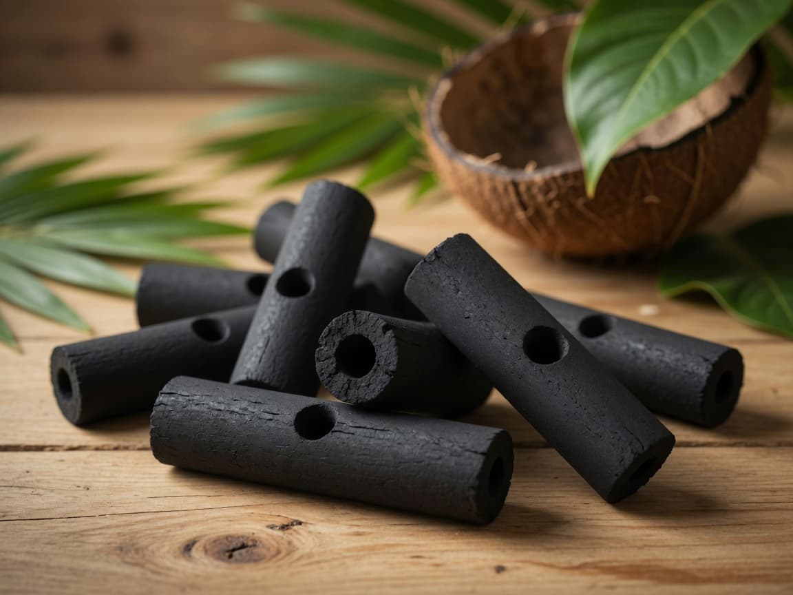 Finger cut coconut charcoal briquettes with center hole