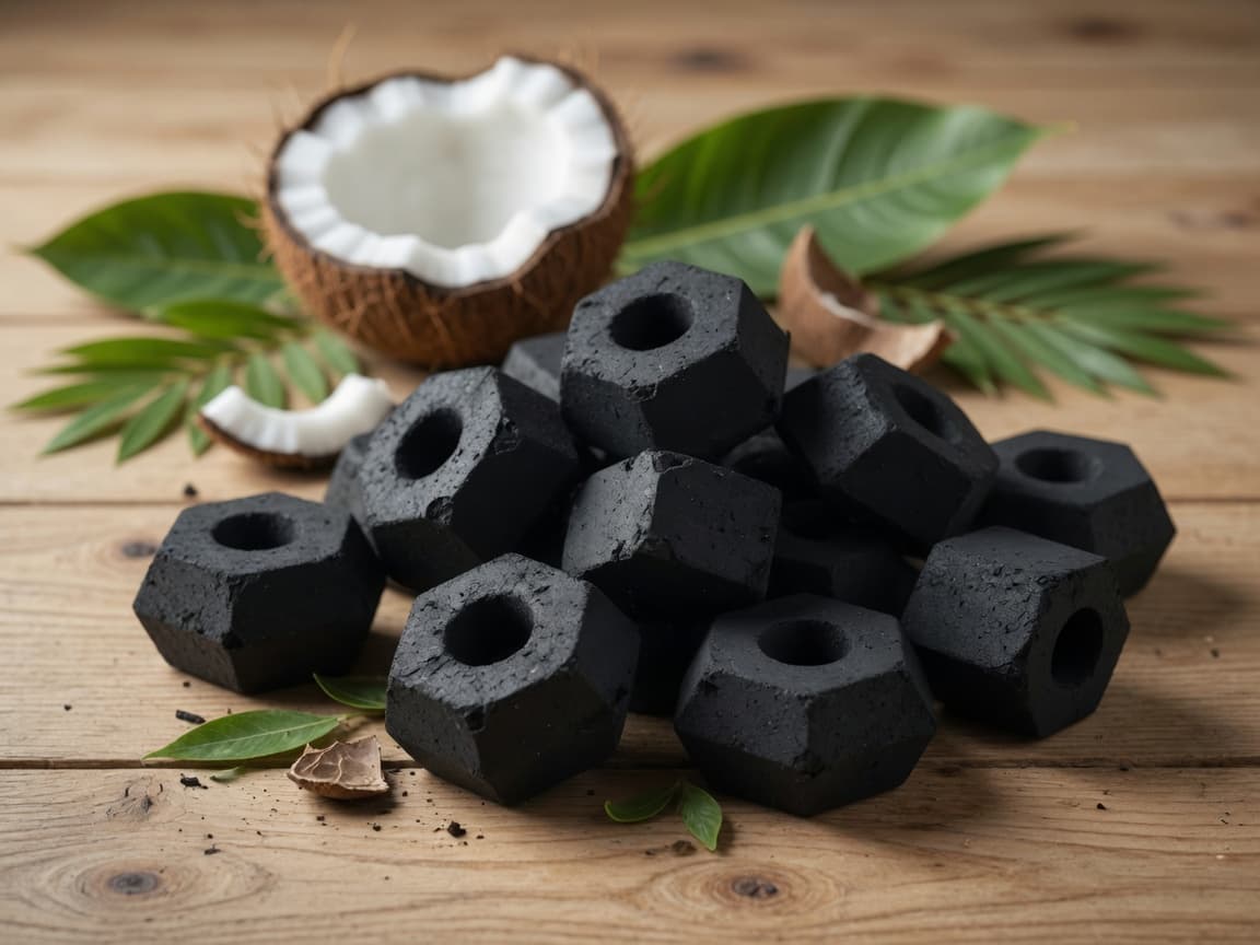 Hexagonal coconut charcoal briquettes with center hole