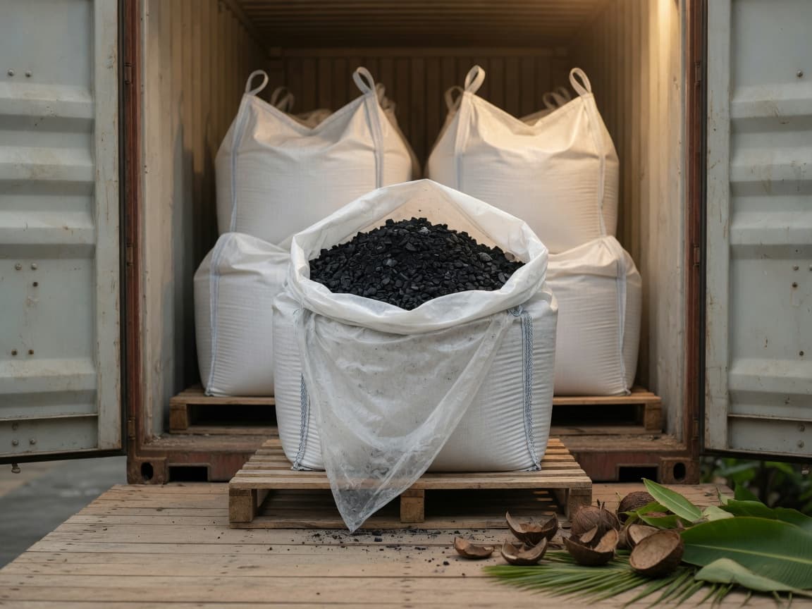 Industrial charcoal container export packaging with jumbo bags on pallets